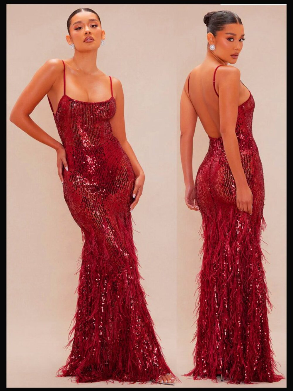 💋UBER STUNNING!💋Sequinned Feathers Sheer Maxi Gown in Cabernet